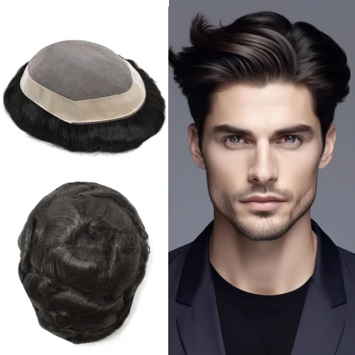 Miniatura 45 de Tupé para hombre, pieza de cabello humano real, monofilamento, tupé para hombres, postizos, unidades de sistema de reemplazo de cabello, gris