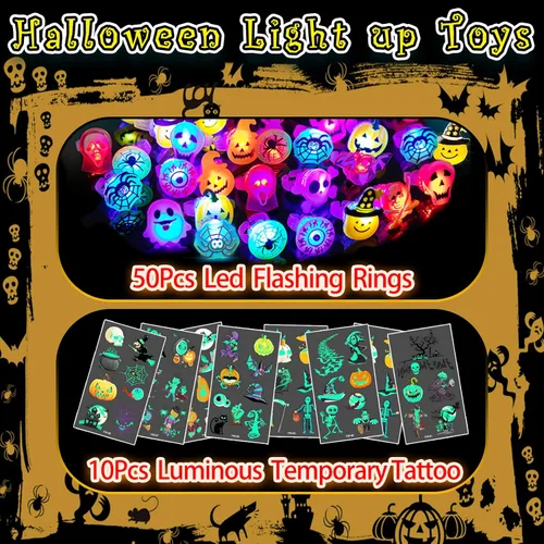 Miniatura 2 de 60 recuerdos de fiesta de Halloween para niños, anillos y tatuajes iluminados, 50 anillos intermitentes LED y 10 tatuajes luminosos, rellenos