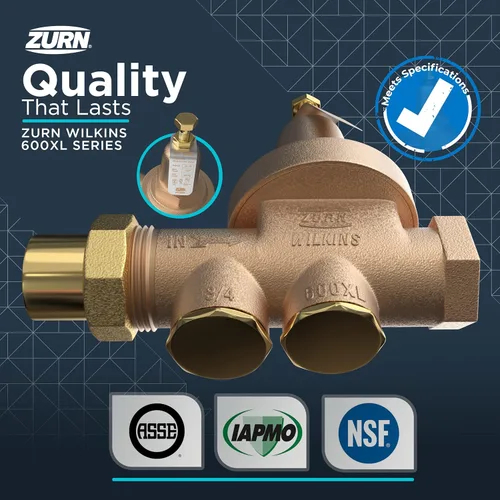 Miniatura 4 de Zurn Wilkins válvula de latón reductora de presión de agua de 3/4 de pulgada Modelo 34-600XL con válvula de revisión de paso y colador, Unión FNPT x