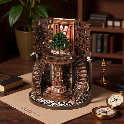 Miniatura 6 de Kit de rincón de libros en miniatura, rompecabezas de madera 3D, decoración de estantería de biblioteca con luces LED, modelo de casa pequeña