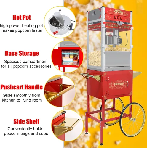 Miniatura 2 de Máquina comercial de palomitas de maíz de 20 onzas con carrito - 100 tazas, hervidor de acero inoxidable, luz de calentamiento - Palomitero portátil
