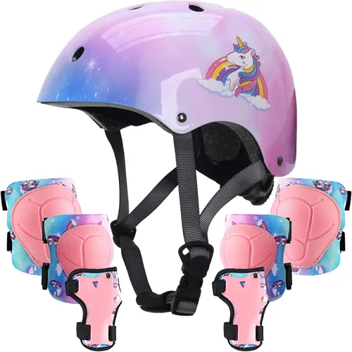 Casco para niños con rodilleras, coderas y protectores de muñeca, equipo de protección para niños de 3 a 5-8 años para niños y niñas, apto para Rosa