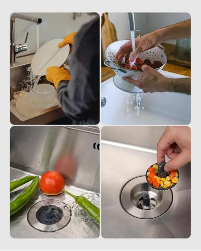 Miniatura 8 de Hibbent - Combo de colador y tapón de drenaje desplegable 3 en 1 para fregadero de cocina, de acero inoxidable, cesta antiobstrucción, con mango