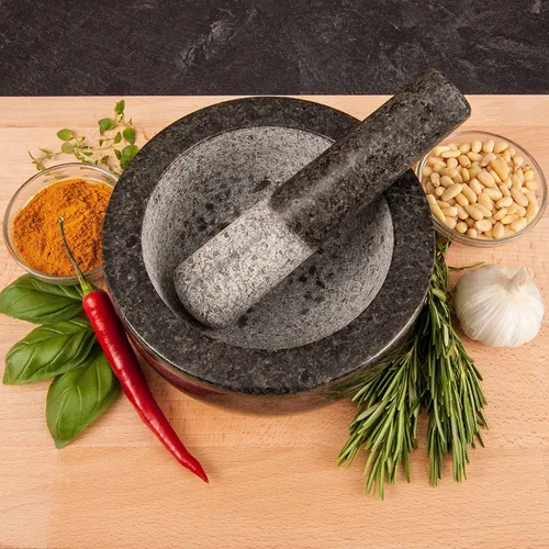 Miniatura 9 de Mortero de granito negro grande Kota Japón y maja de piedra natural amoladora de especias, condimentos, pastas, pestos y guacamole