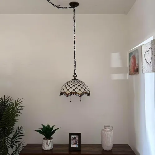 Miniatura 5 de Tiffany - Lámpara colgante con enchufe de cristal beige, bombillas LED incluidas para comedor, sala de estar, 16 pulgadas de ancho x 16 pulgadas
