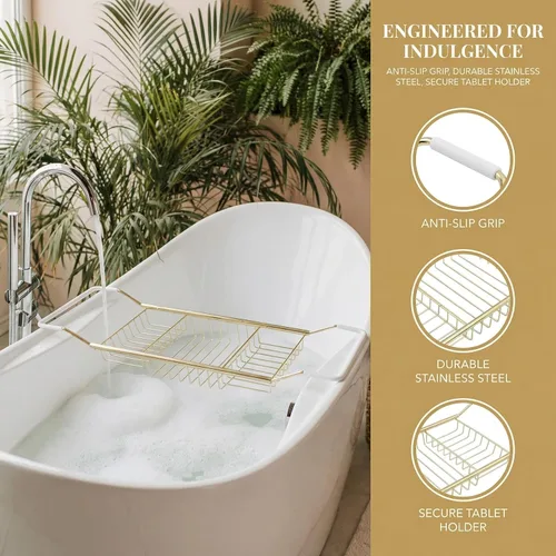 Miniatura 4 de Cabilock Bandeja de baño de acero inoxidable de lujo – Estante de baño moderno expandible de 24.8 pulgadas para bañera con copa de vino y soporte