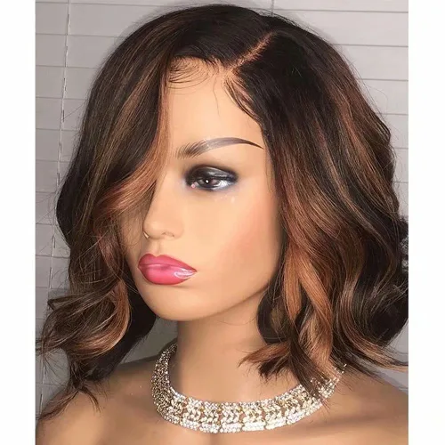 Miniatura 2 de #1B/4/27 - Pelucas de cabello humano corto ondulado en capas con reflejos degradados 13x4 HD transparente con encaje frontal, pelucas de cabello
