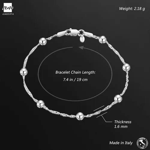 Miniatura 3 de Amberta Pulsera de plata de ley 925 1.4 Singapur con cuentas de bola de 0.157 in, 7 pulgadas, 7.5 pulgadas