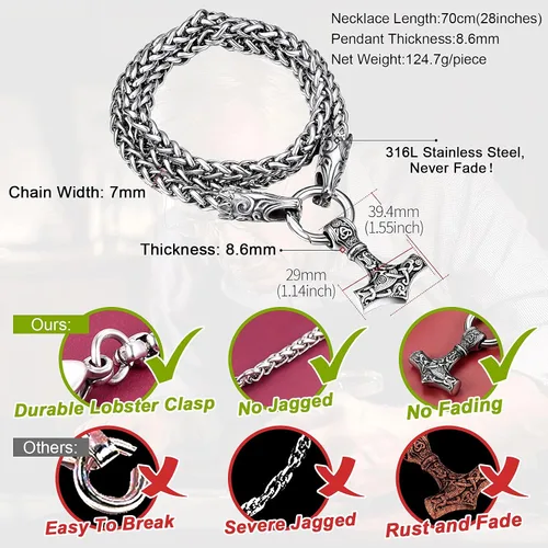 Miniatura 4 de FaithHeart Collar punk nórdico vikingo para hombre, collar grueso, acero inoxidable, Mjolnirnudo celta, cabeza de lobo, colgante de amuleto, joyería