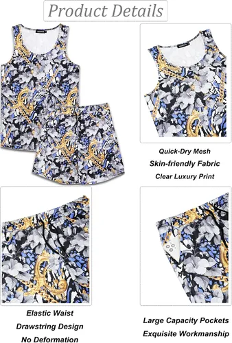 Miniatura 4 de JoZorro Conjunto de camiseta sin mangas con estampado floral para hombre, camiseta deportiva casual con estampado de lujo, ropa deportiva hawaiana