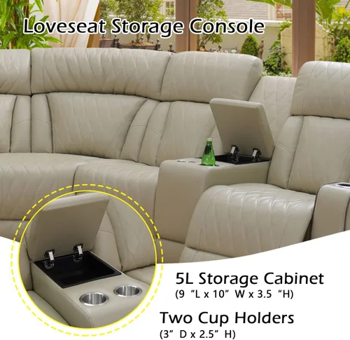 Miniatura 3 de Juego de sofá modular reclinable eléctrico para sala de estar, juego de sofá reclinable de cuero con luces LED / almacenamiento oculto, sofá