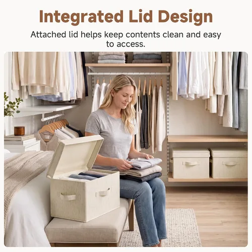Miniatura 5 de StorageWorks Contenedores de almacenamiento de tela con tapa, cajas de almacenamiento decorativas para estantes, cesta organizadora de armario Beige