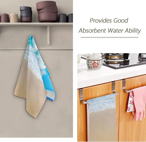 Miniatura 7 de Paquete de 2 toallas de mano para baño, microfibra absorbente azul y blanco con paisaje costero de verano, toallas de cocina de secado rápido