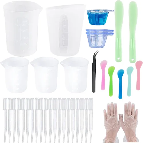 Woohome Kit de herramientas de 58 tazas medidoras de resina, kit de herramientas de resina epoxi incluye 3 estilos de taza de medición de silicona,