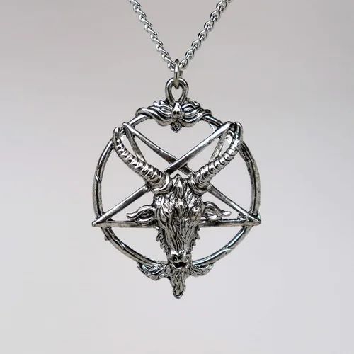 Miniatura 5 de Baphomet - Collar con colgante de cabeza de cabra de peltre con acabado plateado con pentáculo invertido, Metal