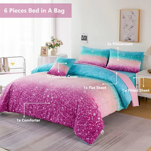 Miniatura 2 de PERFEMET Juego de edredón tamaño Queen con sábanas, juego de ropa de cama de 6 piezas con teñido anudado arcoíris para niñas, juego de edredón Azul