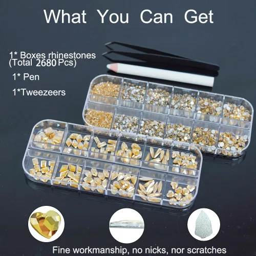 Miniatura 4 de 2680 diamantes de imitación para uñas color dorado champán, 120 dijes grandes de uñas doradas, piedras preciosas de diamante con cuentas redondas K9
