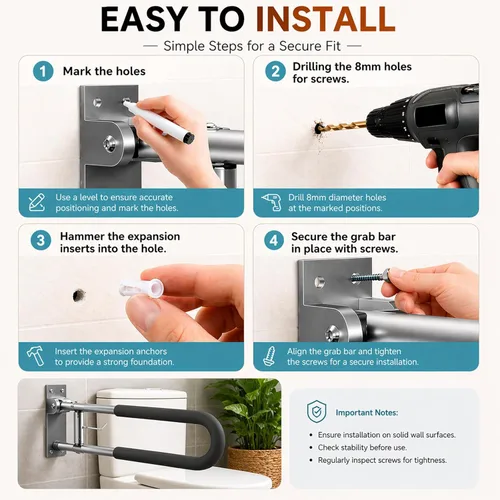 Miniatura 9 de Barra de agarre plegable para inodoro con soporte para papel, riel de seguridad para discapacitados de baño montado en la pared de 24 pulgadas