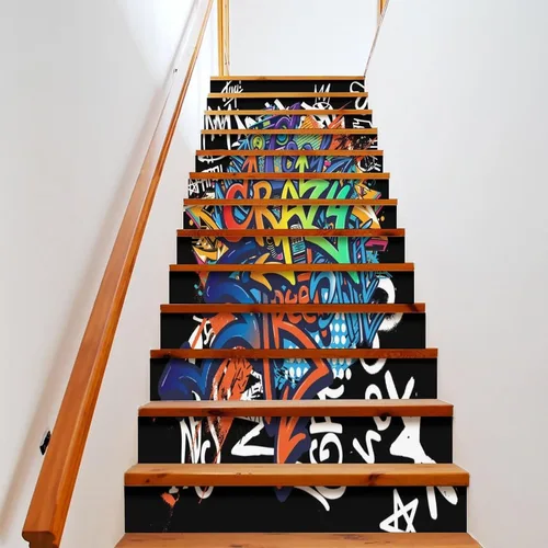 Miniatura 9 de Calcomanías modernas de grafiti en acuarela, calcomanías para escaleras para escaleras, abstracto, hip hop, ciudad, calle, pared, colorido, grafiti
