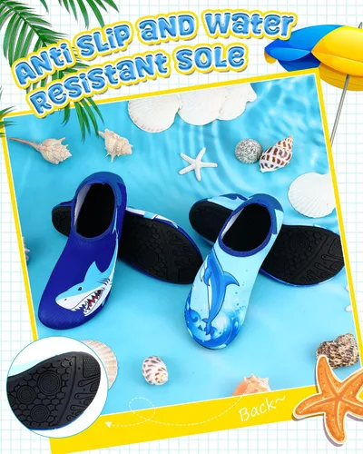 Miniatura 6 de Newcotte 2 pares de zapatos de agua para niños, calcetines de secado rápido, calcetines de piscina con tiburones marinos, antideslizantes, natación