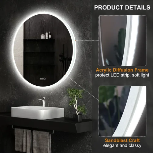 Miniatura 3 de S·BAGNO - Espejo de baño redondo de 32 luces con marco acrílico, espejo de baño LED de tocador montado en la pared, atenuación, cambio
