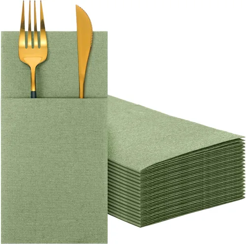 Seajan 35 servilletas de lino de bolsillo, servilletas desechables de papel airlaid preplegadas con bolsillo integrado para cubiertos para Verde