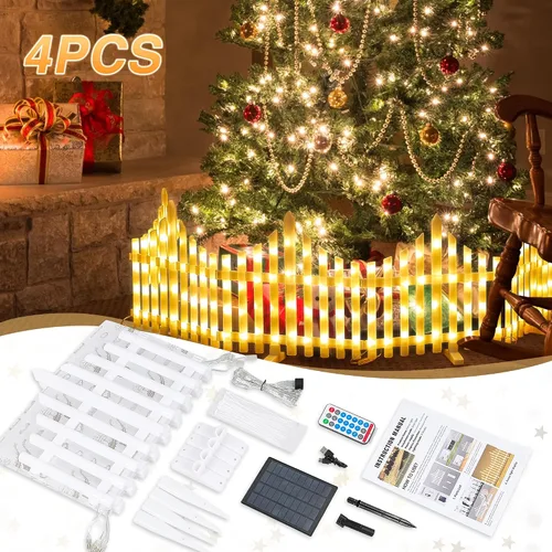 Miniatura 7 de Hopolon Paquete de 4 luces solares de jardín al aire libre, 11.1 pulgadas de alto x 4.6 pies de largo, 144 luces LED blancas para valla de estacas
