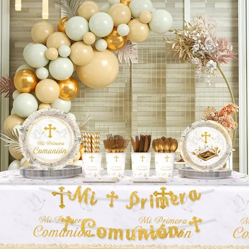 Miniatura 5 de AIBIIN 194 Piezas Decoraciones Mi Primera Comunión, Suministros para Fiesta de Primera Comunión Blanco y Dorado, Pancarta Temática de Bautismo