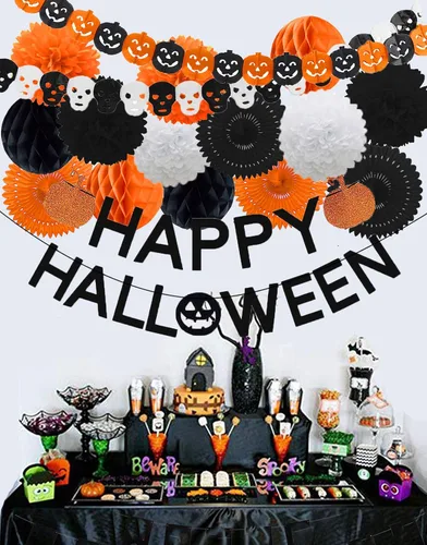 Miniatura 5 de Decoraciones de fiesta de Halloween, pancarta de calabaza naranja con purpurina negra todo en uno para fiesta temática de Halloween, kit