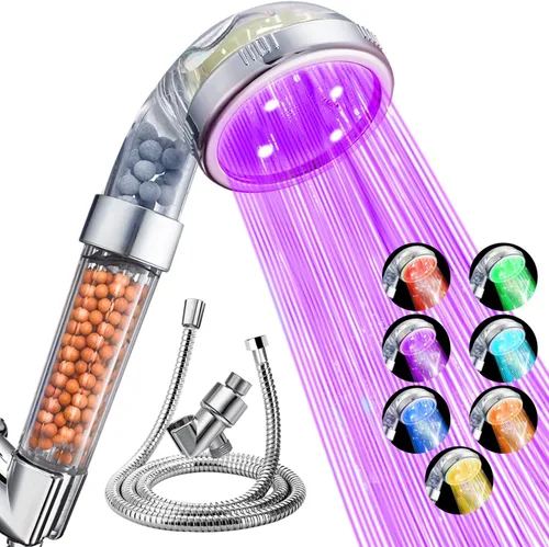 Nosame® Cabezal de ducha LED con manguera y soporte, filtro de filtración de alta presión, ahorro de agua, 7 colores automáticamente, no necesita