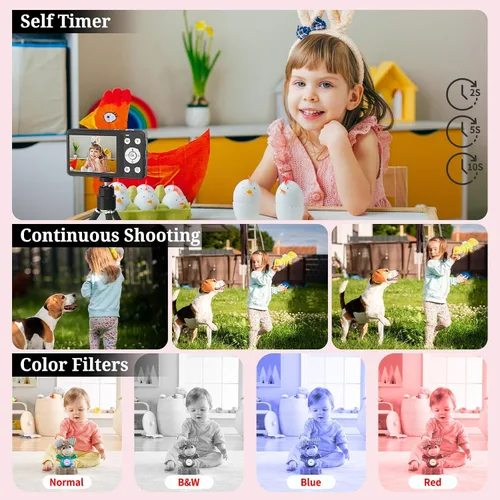 Miniatura 4 de Cámara digital FHD 1080P para niños, 48MP apunta y dispara, con una tarjeta de 64 GB, zoom 16X, antivibraciones, cámara pequeña compacta para niños