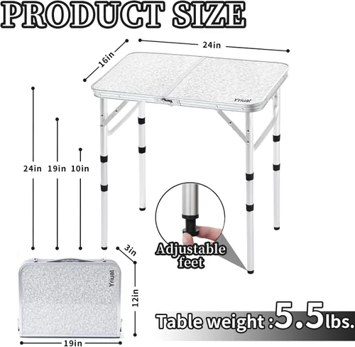 Miniatura 3 de Mesa de camping plegable Yriuat 2 pies mesa de picnic portátil de altura ajustable mesa pequeña de aluminio plegable ligera con asa de transporte