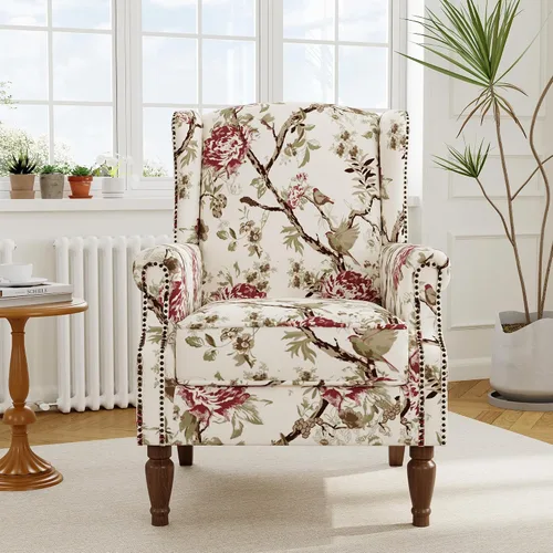 Miniatura 7 de Silla decorativa floral con respaldo alto, sillón tapizado con patas de madera maciza, cómodo sofá individual de lectura con respaldo alado