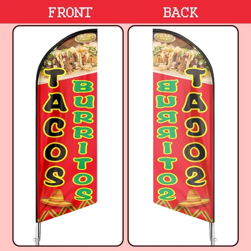 Miniatura 5 de Bandera de tacos y burritos, banderas de plumas de tacos de 11 pies para empresas, letrero de tacos con poste y punta de tierra para publicidad al