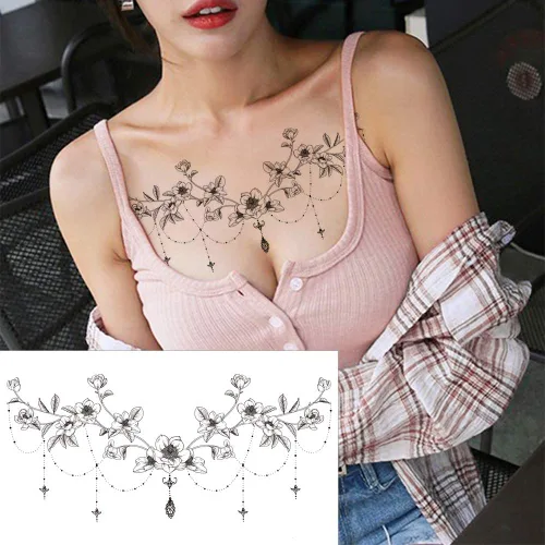 Miniatura 4 de Glaryyears Tatuajes temporales para el pecho y debajo del seno para mujeres adultas, paquete de 6, tatuajes falsos negros realistas grandes de larga