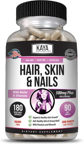 Kaya Naturals Cápsulas de uñas para el cabello y la piel BIOTINA Vitamina D Vitamina B-12 A Soporte de ácido fólico, suplemento vitamínico de apoyo
