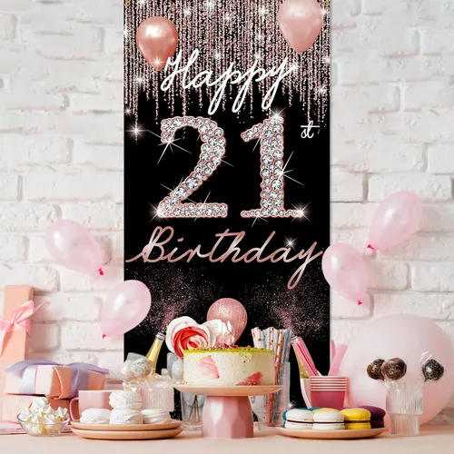 Miniatura 6 de Decoración de cumpleaños número 21 – Cartel de puerta de oro rosa, letrero de patio de fiesta y accesorios para cabina de fotos, tela, resistente