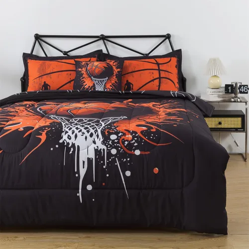 Miniatura 2 de Juego de edredón de 6 piezas con diseño de baloncesto, ropa de cama negra tamaño individual para niños, adolescentes y adultos, con pelotas
