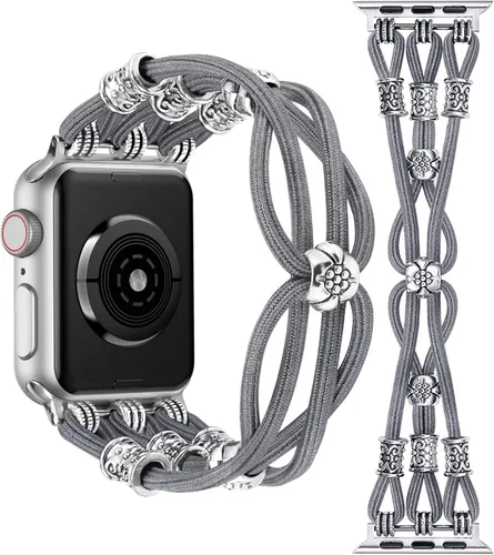 Miniatura 14 de TOYOUTHS Correa bohemia compatible con Apple Watch Band de 1.65, 1.57, 1.57 y 1.49 pulgadas, con cuentas, trenzada, elástica, occidental, elegante