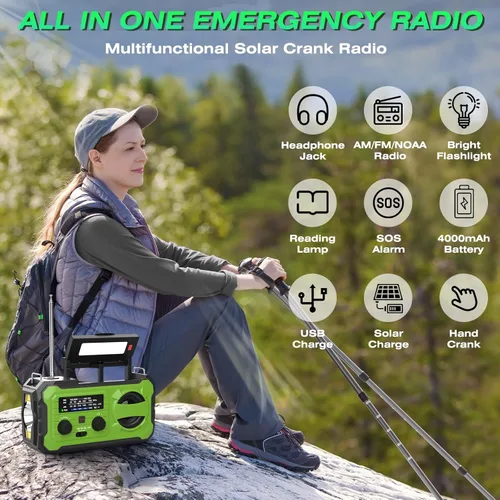 Miniatura 9 de NITIGO Radio meteorológica de emergencia de 37000 mWh, radio solar con manivela Hank con carga USB con NOAA/AM/FM, linterna, luz de lectura, alarma