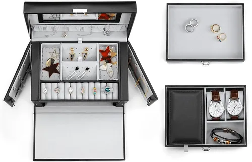 Miniatura 4 de GUKA Joyero para mujer joyero con 2 cajones diseño de cuero con cerradura con espejo estuche de viaje para collares aretes anillos relojes estuche