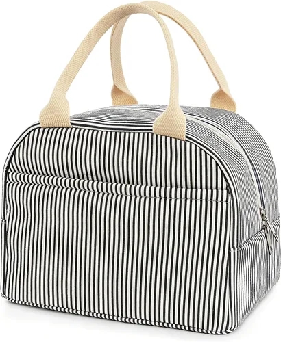 Bolsa de almuerzo para mujer, lonchera térmica para viajes, trabajo, picnic, bolsas de almuerzo de gran capacidad para adultos (rayas negras)