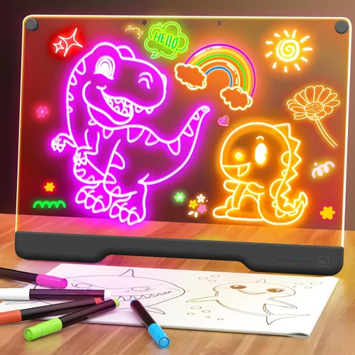 Tablero de notas LED Doodle Glow recargable de 16 pulgadas, 7 modos de luz de colores, almohadilla de dibujo iluminada de arte neón de borrado en