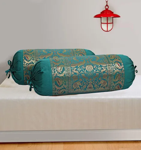 Miniatura 2 de Funda de almohada rectangular de seda brocado de jacquard étnico para yoga, cilíndrico, perrito caliente, tubo verde oscuro, sala de estar