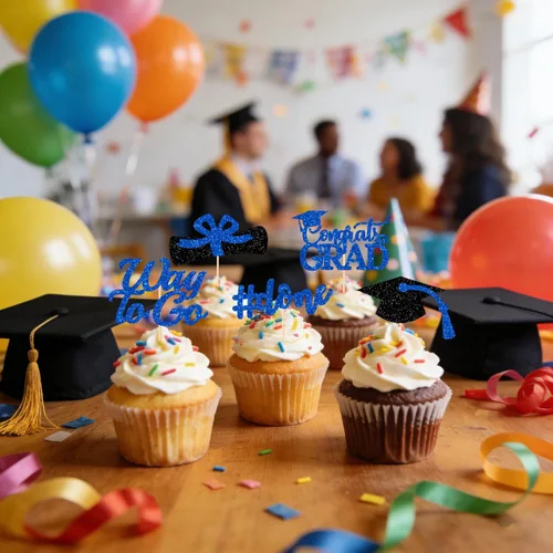 Miniatura 7 de Decoraciones de graduación 2026 azul, adornos para cupcakes de graduación 2026 azul y negro, suministros de decoración para cupcakes clase de 2026