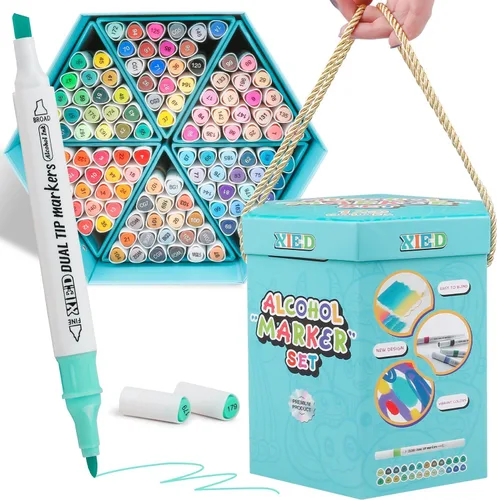 Marcadores de alcohol, juego de 120 marcadores de colores con caja de regalo hexagonal de alta calidad para estudiantes, adultos, artistas en