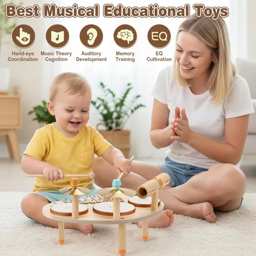 Miniatura 4 de Vanplay Juego de batería para niños pequeños – Juguetes para niñas de 2, 3, 4 años, regalos para niños – 9 en 1 Instrumentos musicales Montessori