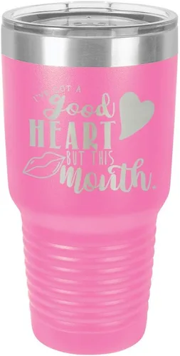 Miniatura 18 de Taza de viaje de acero con recubrimiento de polvo grabado por láser, con texto en inglés "IVE GOT A GOOD HEART BUT THIS MOUTH Engraved 30oz Taza
