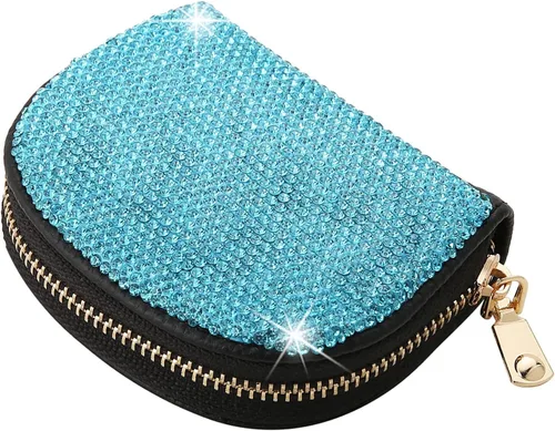 Miniatura 15 de AsAlways RFID Rhinestone titular de la tarjeta de crédito semicírculo multicapa cremallera caso Bling Crystal Slim pequeña cartera para mujeres