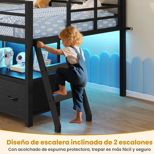 Miniatura 5 de ADORNEVE Cama baja tipo loft tamaño individual con 7 cajones de almacenamiento, estantería y luces LED, cama alta de metal para niños con barandilla